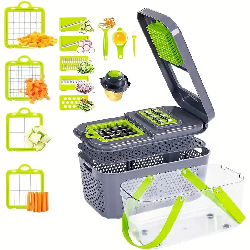 Vegetable Chopper with Container 22-in-1 Veggie Choppers And Dicers Food Chopper Cutter for Onion Tomato Multi Kitchen Tool with Lemon Squeezer -13 Blades, Grey, High Quality