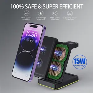 3 in 1 15w Luminescent Wireless Charger for iPhone & Samsung, Fast Charging Station, Compatible with Multiple Models, Efficient Power Consumption, Magnetic Charger Stand