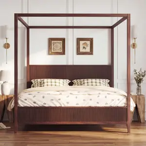 King Size Wooden Canopy Platform Bed with Support Slats, Solid Wood Bed Frame, No Box Spring Needed, Espresso