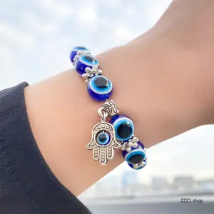 Evil Eye Bracelets for Women Trendy Blue Beads Hamsa Hand Pendant Bracelet EvilEye Protection Lucky Bangle Girls Boho Holiday Daily Wear Gift