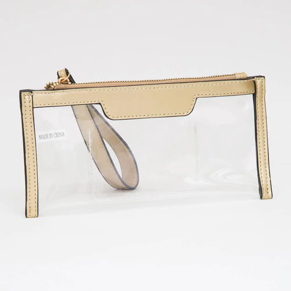 Women's Fashion PU Leather Wristlet Pouch - Transparent Flap, Plain Style, Slip-On Closure, Gold-Tone Secure Zip, 9.5"x4.5", Ideal for Casual Outings, Concerts, Concert Bag, Chic, Sports Events