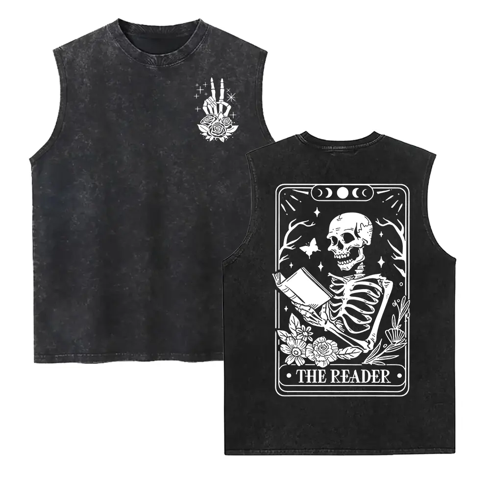 The Reader Tarot Card Front And Back Printing Washed Vest, Skeleton Reading Washed Vest, Book Lover Gift For W