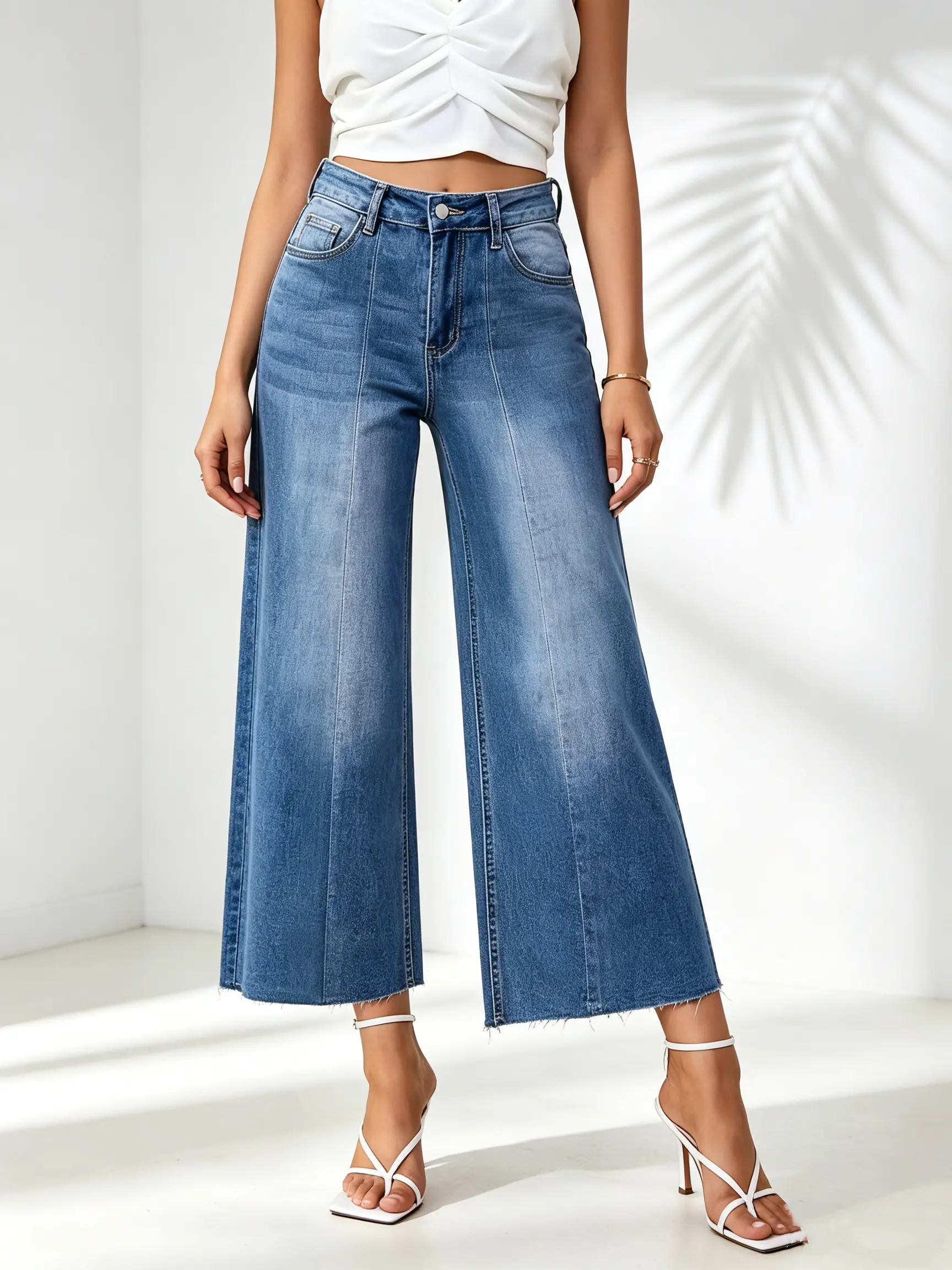 Women's short stretch mid waist flared pants, women's short jeans flared pants with original hem
