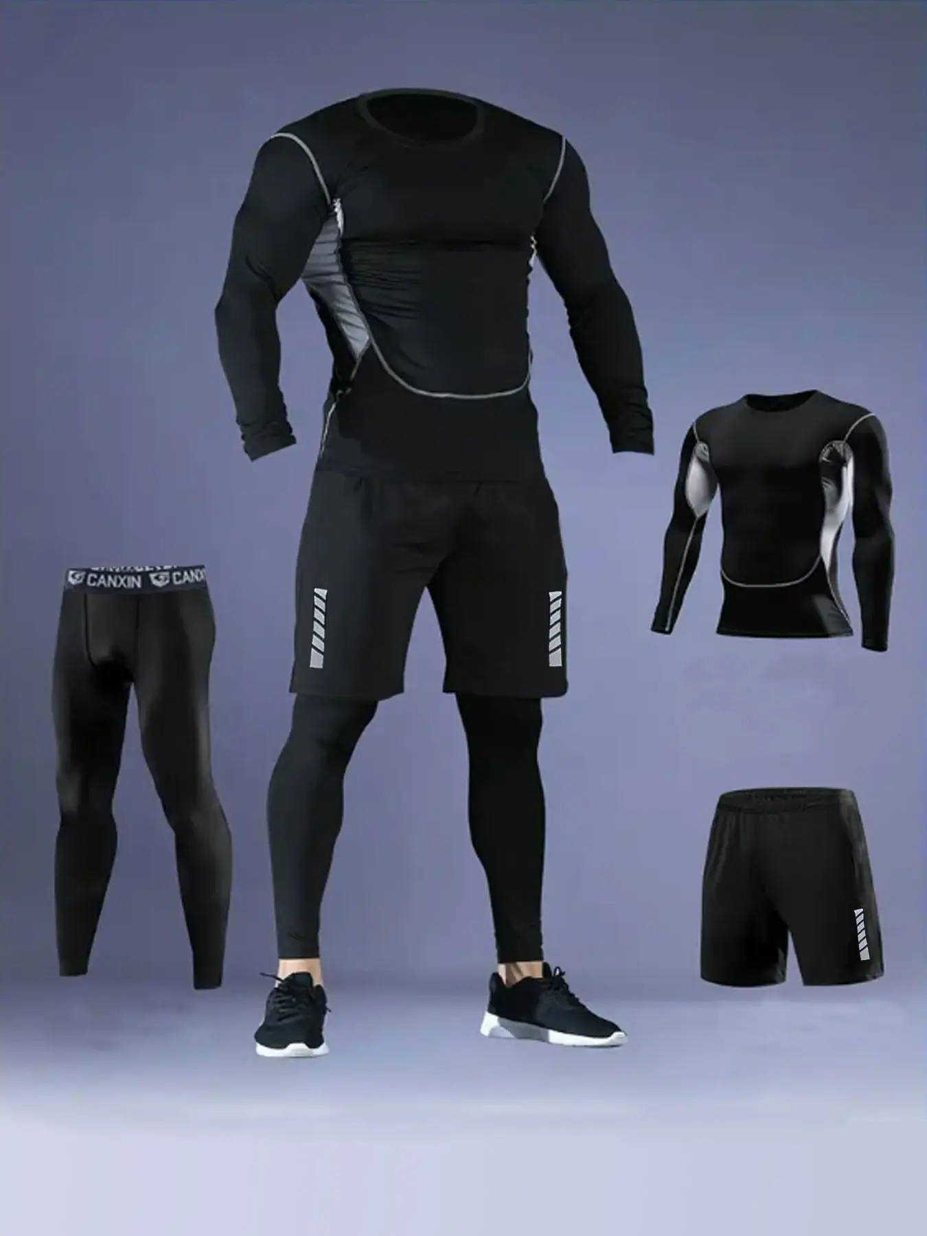 Men's Long Sleeve Compression Tee & Leggings & Reflective Shorts Tracksuit Set, Athletic Workout Clothing, Round Neck, Breathable Quick Drying Sportswear Set for Running Basketball Hiking Training, Athletic Sportswear