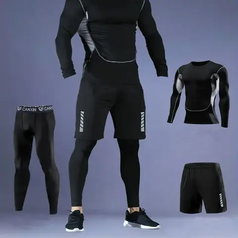 Men's Long Sleeve Compression Tee & Leggings & Reflective Shorts Tracksuit Set, Athletic Workout Clothing, Training Clothes, Round Neck, Breathable Quick Drying Sportswear Set for Running Basketball Hiking Training, Athletic Sportswear