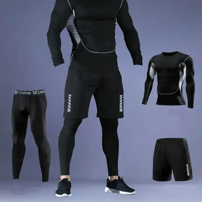 Men's Long Sleeve Compression Tee & Leggings & Reflective Shorts Tracksuit Set, Athletic Workout Clothing, Training Clothes, Round Neck, Breathable Quick Drying Sportswear Set for Running Basketball Hiking Training, Athletic Sportswear