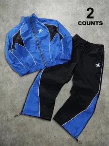 Men's Fall Winter Colorblock Sports Set, Blue Patchwork Stripes, Lightweight Windproof Fabric, Loose Fit, Unisex Casual Wear