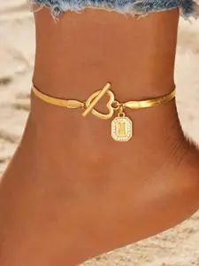 Women's Stainless Steel Herringbone Chain Anklet, Classic Fashion Zirconia Block Initial Letter Heart Clasps Charm Design, Casual All-Season Foot Jewelry