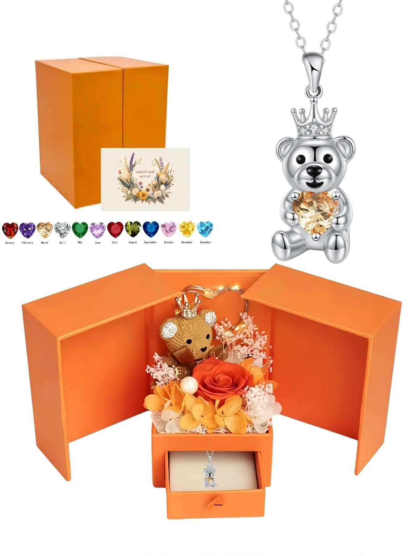 Fairy Tale Confession Cute bear pendant necklace with stylish design and luxury diamond inlays.Comes with an orange preserved rose & teddy bear jewelry box, a charming mysterious gift for birthdays, Valentine's Day, Mother's Day and Christmas.
