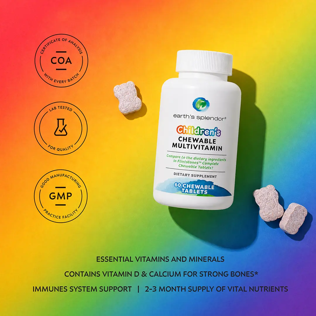 Tapestry Brands Earth's Splendor Children's Chewable Multivitamin Dietary Supplement - 60 Tablets with Vitamin D3, Calcium, Vitamin C for Bone Health, Immune Support