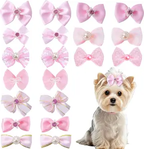 20 PCS Cute Dog Hair Bows with Rubber Bands Elastic Handmade Mix Style Lace Rhinestone Pearls for Furry Puppy Cat Pet Girl, Pink Pistha