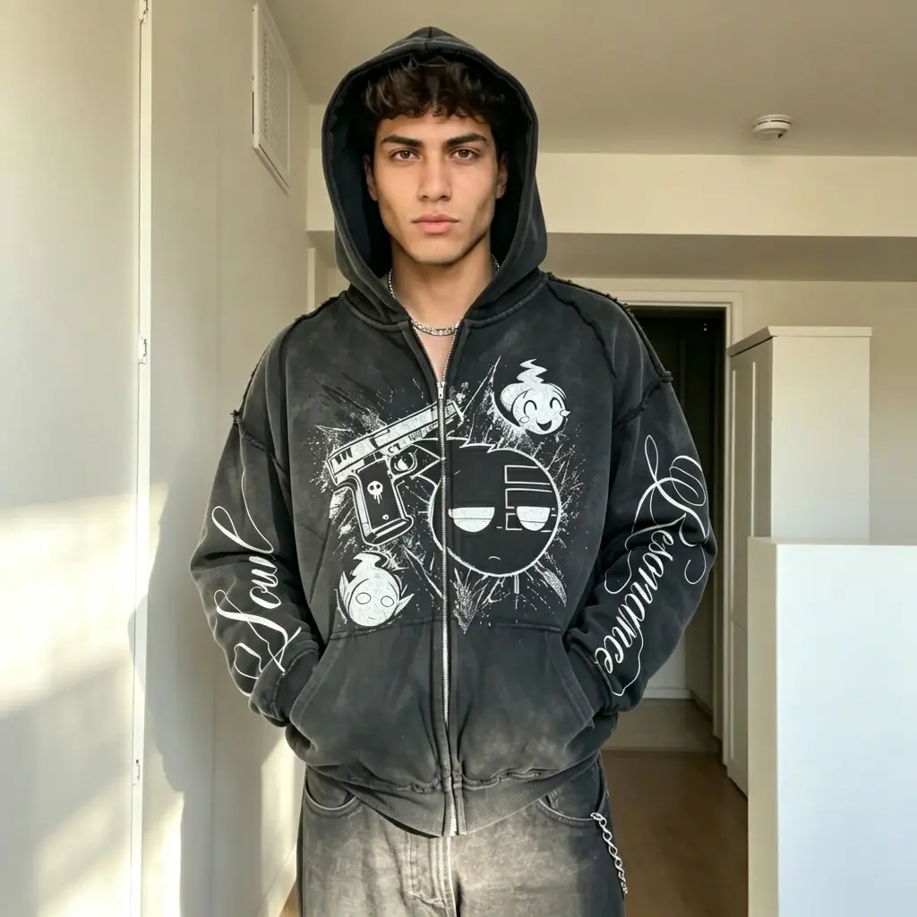 Men's Soul Eater Inspired Zip-Up Hoodie, Phantom Spirit Themed Sweatshirt with Death the Kid & Black Star Designs