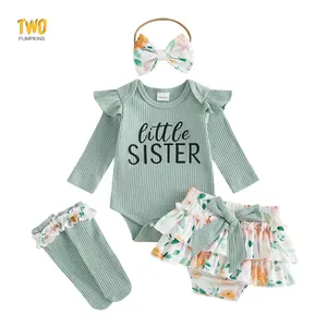 4 Pcs Baby Girl Spring Outfit Letter Print Long Sleeve Romper Bow Layered Ruffled Skirt Bow Headband And Stockings Set