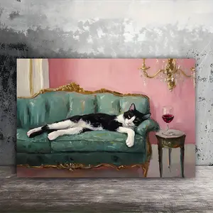 1pc Wooden Framed, Tuxedo Cat with Red Wine Canvas Poster, Cute Quirky Whimsical Wall Art Prints, Cocktail Wall Picture, Ideal For Bedroom, Office, Living Room, Wall, Room, Bar Cart Home Decoration, Perfect Gift Idea, Instantly Enhance Your Space!