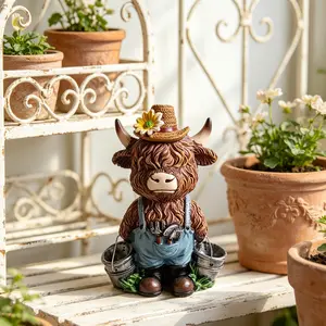 Cute Scottish Cow Resin Figurine, Rural Style Gardener Highland Cow Decor, Grass Hat and Overalls, Desktop Personalized Decoration