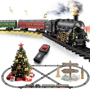 Electric Remote Control Train Set Metal Alloy Steam Locomotive with Glowing Passenger Carriages Smoke, Sound & Light Luxury Tracks Rechargeable Train Christmas Birthday Toy Gift for Boys Kids