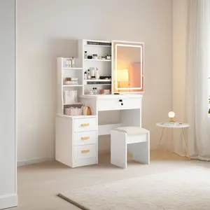 Makeup Vanity Desk with Square LED Mirror & Gliding Storage Cabinet – 4 Drawers, Adjustable 3-Color Lighting, Movable Storage Cabinet, Dressing Table with Shelves for Bedroom, Women