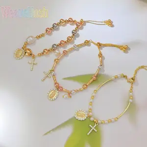 Hot-Selling Tricolor Gold Bead Virgin Mary Bracelet, Zircon Cross & Pearl Inlaid Religious Bracelet for Women, 18K Gold Plated Adjustable Catholic Faith Jewelry, Perfect for Daily Wear, Prayer, Church Occasions & Inspirational Religious Gifting