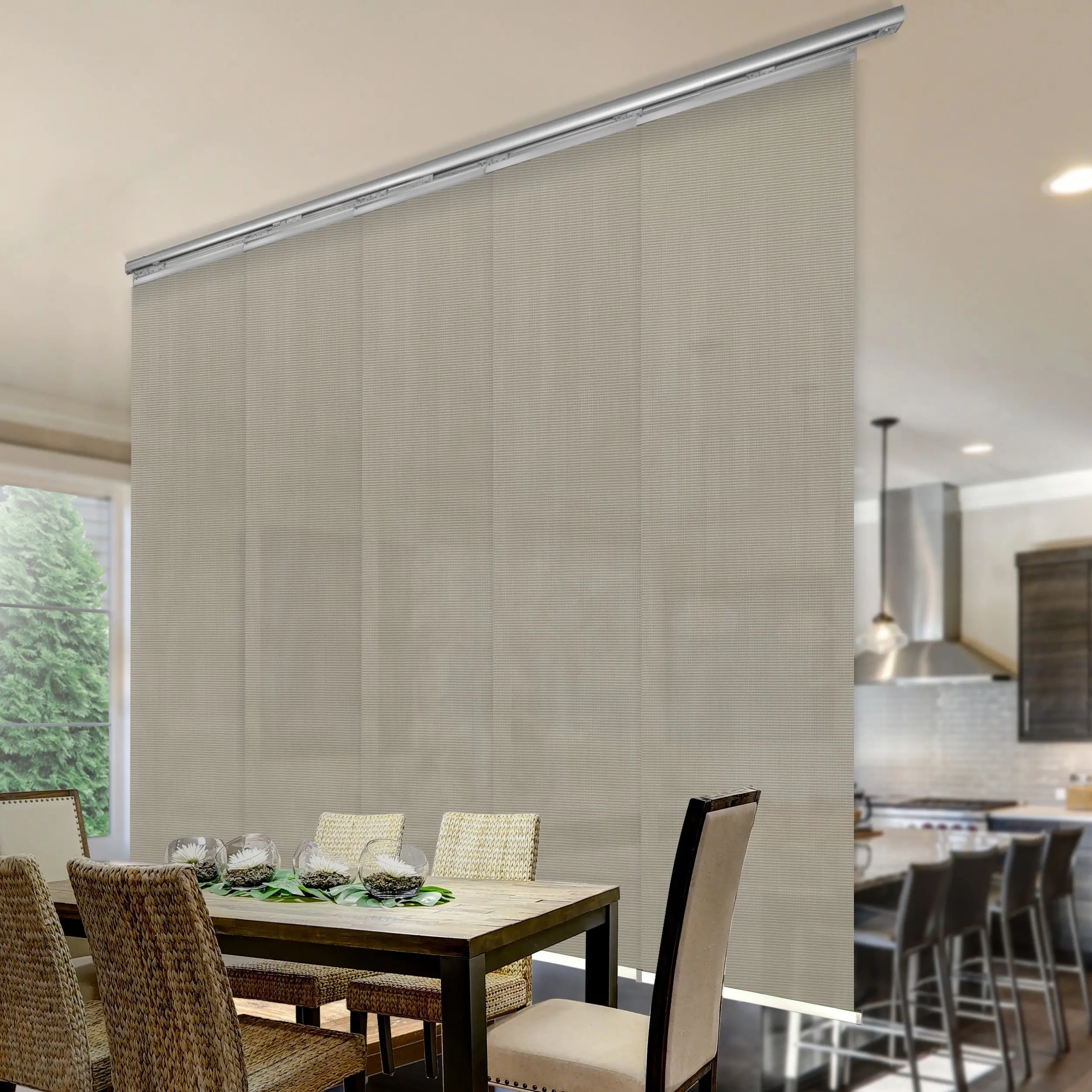 Slate Mesh 5-Panel Single Rail Panel Track 58"-110"W, Panel width 23.5" - 60% LIGHT-FILTERING