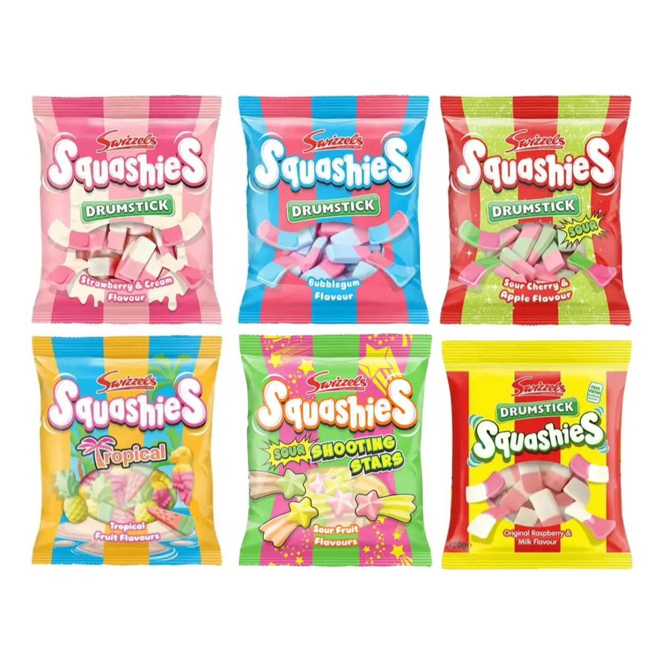 Squashies Drumstick Candy - Strawberry, Sour Cherry and Apple, Bubblegum, Rhubarb and Custard ,Original Raspberry and Milk Flavor Candies 120g Each -