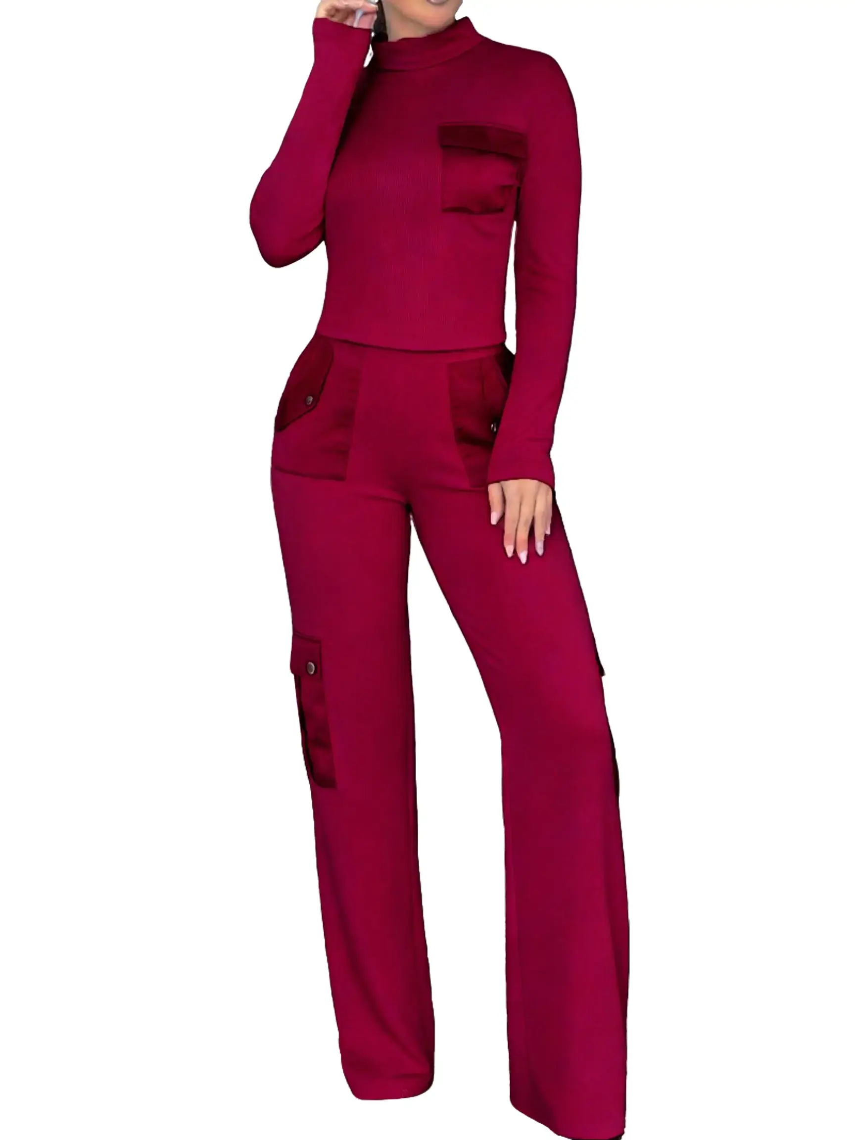 Women's trendy workwear-style two-piece set: Black ribbed long-sleeved T-shirt + high-waisted straight-leg multi-pocket casual pants (with unique satin material pockets) - a fashionable street style outfit.
