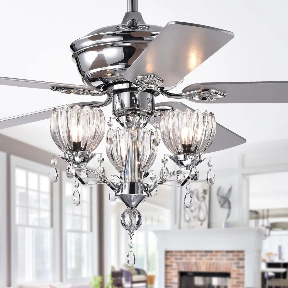 212 MAIN 52 in. Fendal Traditional Ceiling Fan with Chrome Finish, Wooden Blades, 3 Lights, Flower Cup Crystal Shades, Remote Controlled & Installation Kit (Model CFL-8394REMO-CH)