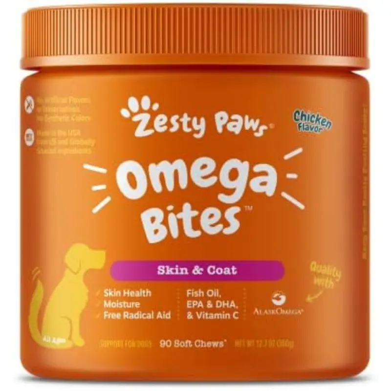Zesty Paws Omega Bites for Dogs Soft Chew Treats with Omega 3 Fish Oil EPA & DHA for Skin Coat Health Vitamin Supplement