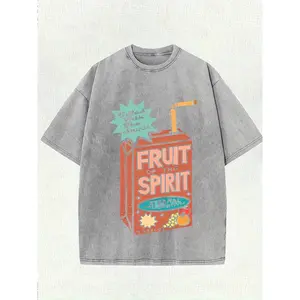 Men'Swashed Cotton T-Shirt- Vintage Washed Street Style Christian Fruit Pattern Print, Loose Round Neck Short Sleeve Summer Casual Wear, Comfortable Pullover for Daily Wear, Fun Design, Soft Fabric Graphic Elastic