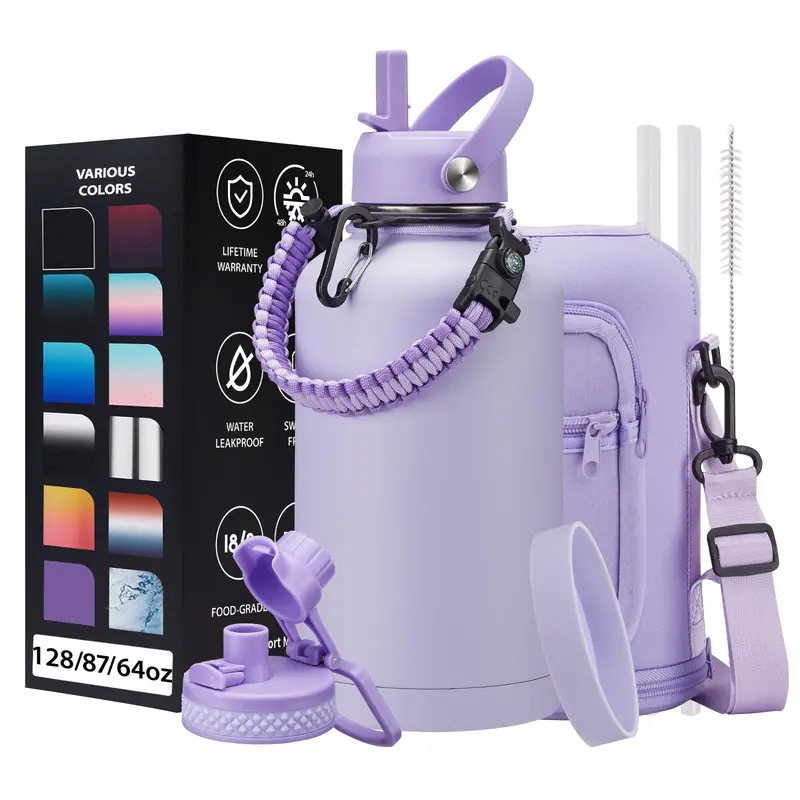 Insulated Sports Water Bottle - 32/40/64/87/128 oz Crossbody Hydration Tumbler, Wide Mouth, Carrying Sleeve, Paracord Handle, Straw Spout Lid, Seals Shut No Drips, 24 Hrs Keep-Warm, Durable Metal Jug, Straw Brush, Purple Flask for Gym, Hikes