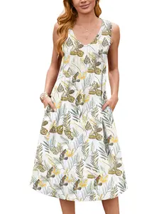 ZEAGOO Women Summer Casual Dress 2025 Sleeveless Midi Swing Tank Sundress with Pockets V Neck A Line Pleated Tshirt Dress