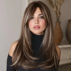 SMILCO/24Inch Highlight Gold with Brown Medium Straight With Bangs Synthetic Wig/SM440