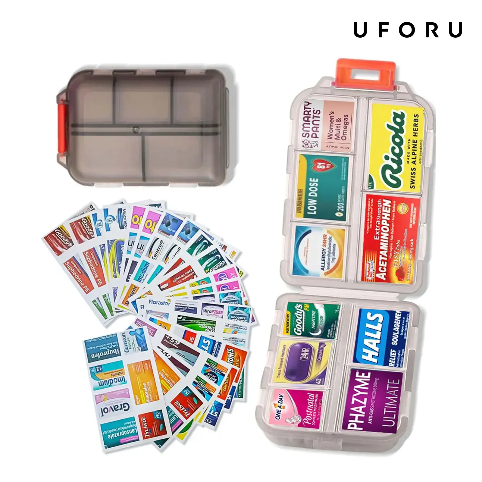 UFORU Travel Pill Organizer Box with 146 Labels, 10 Compartment Small Pill Case Medicine Kit, Portable Pocket Purse Pharmacy, Daily Weekly Vitamin Supplement Medication Holder（no pills)dealsforyou#SummerWins