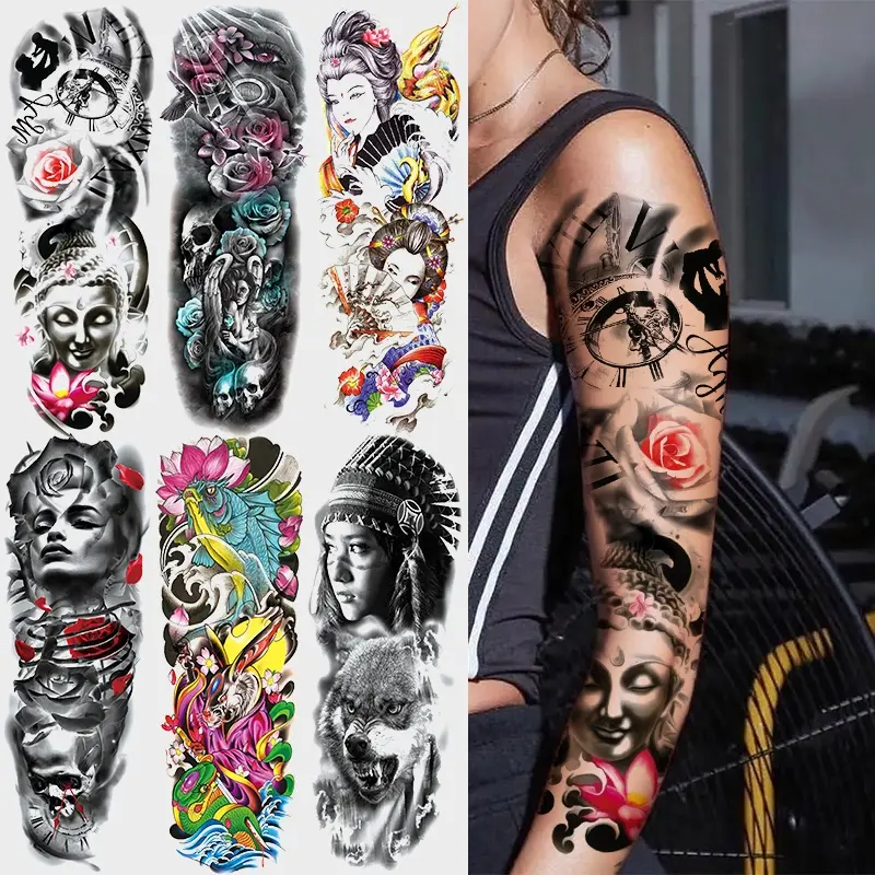 6 Bright Floral Temporary Tattoo Stickers for Women, Waterproof Long-Lasting Full Arm Body Fake Tattoos, Includes Lotus Fish Wolf Goddess Designs