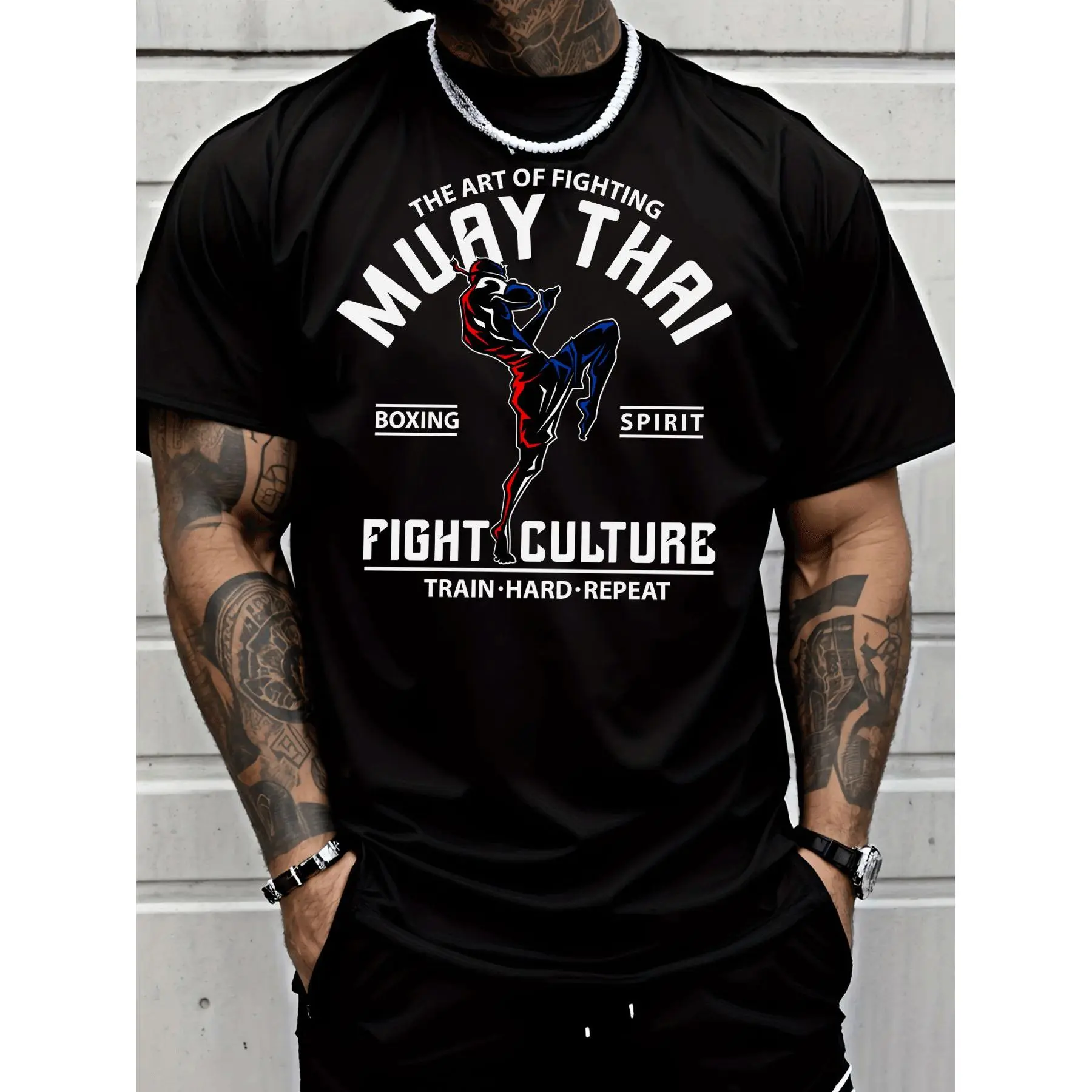 Men's T Shirt Muay Thai Fighting Figure Boxing Spirit Fight Culture Train Hard Repeat Print Street Style Casual Sportswear for Adults Men