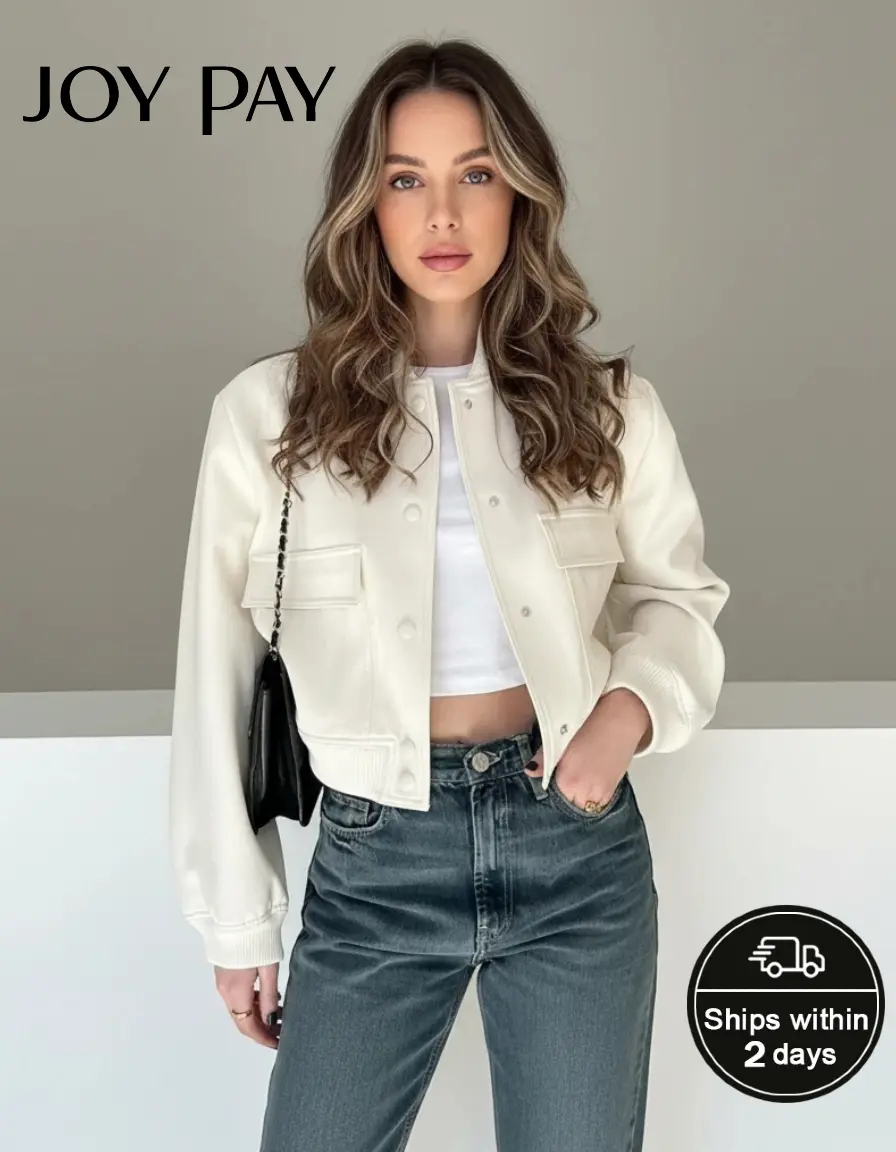 JOYPAY Women's Cropped Polyester Bomber Jacket, Long Sleeve Varsity Style Streetwear with Snap Button Closure and Flap Pockets, Longsleeves, Button Front, Cropped Fit, Flap-Style Front Pockets, Structured Fabric, Travel Days, Tops, Sporty Chic, Plain Surf
