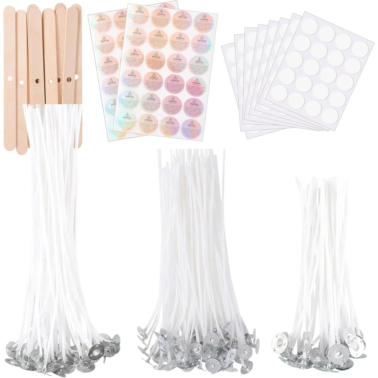 Candle Wicks for Candle Making 150 count with 160 count Wick Stickers and 12 count Candle Wick Holders 48 count  Labels for DIY Candle Making ((4"+6"+8")