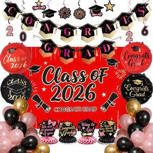 PartyWoo Graduation Decorations Class of 2026 Grad Party Supplies Set with Congrats Grad Red Black Pink Backdrop Banner Hanging Swirls Foil Latex Balloons Graduation Cap Centerpieces Party 40pcs