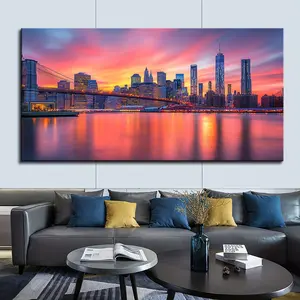 1.2inch Thick Pine Wood Frame, Canvas Poster, New York Manhattan Poster Night View Brooklyn Bridge Wall Decoration Home Decoration Canvas Print Wall Art, Suitable for Bedroom Home Decoration, Living Room, Corridor Wall Decoration, Ideal Gift