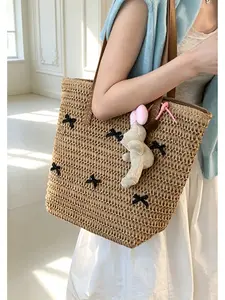 Women's 2026 New Summer Fashion Large-Capacity Woven Straw Backpack with Bow - Holiday-Style Gym & Outdoor Sports Shoulder Tote Bag
