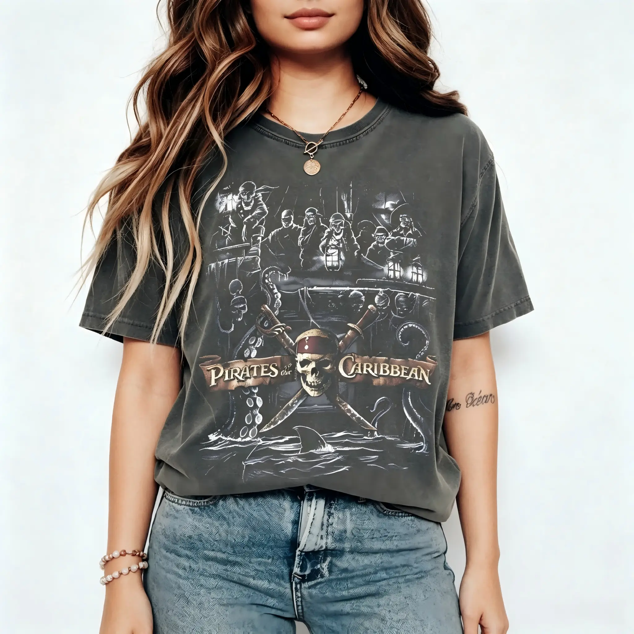 Women's Vintage Washed 100% Cotton Pirates of the Caribbean Graphic T-Shirt - Breathable Comfy Lightweight Loose Fabric, Distressed Retro Crew Neck Short Sleeve Casual Streetwear Tee