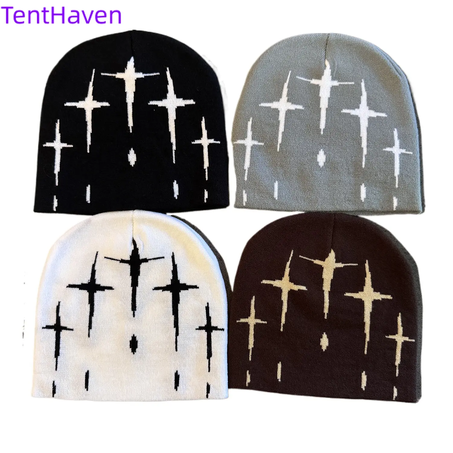 2026 autumn and winter dark style cross star frame jacquard knitted hat for men and women, warm and personalized retro cold hat pullover hat