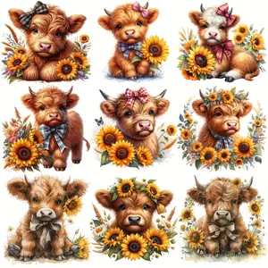 9Pcs Highland Cow Iron on Transfers Cute Cow Pattern Flower Decals Easy Heat Press for T Shirts Jeans Bags Hats Washable PET Film Farmhouse Birthday Party Decor DIY Decoration Animal Lover Gift DIY Clothing