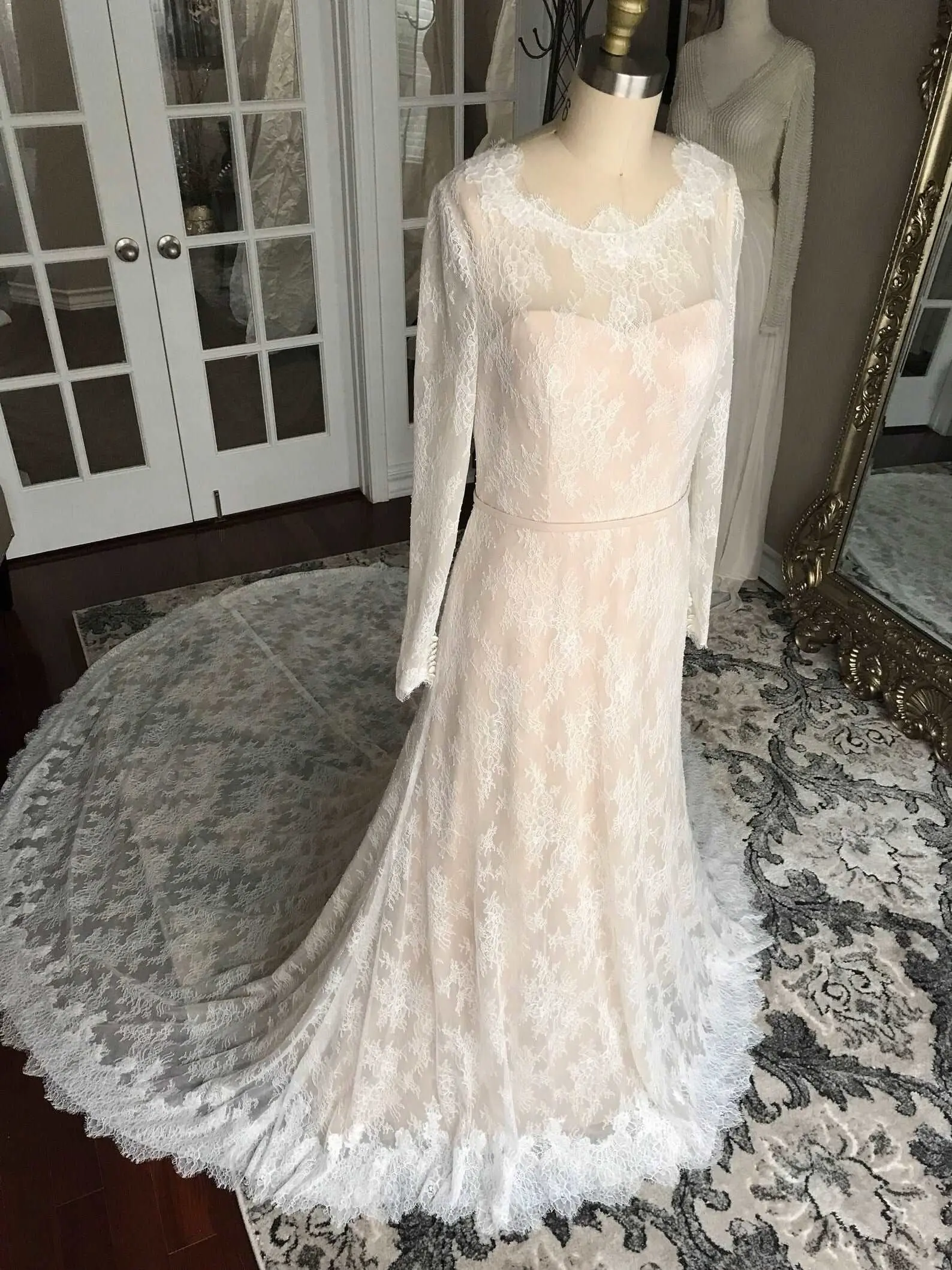 Women's Chantilly Lace Sheath Wedding Dress - Long Sleeves, Catherine Silhouette, Train Detail, Longsleeves
