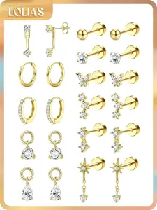 LOLIAS Hypoallergenic Flat Back Earrings Cartilage - Gold Silver Earring Stacks Surgical Stainless Steel Helix Tragus Conch Flatback Stud Hoop Earring Sets for Sensitive Ears Women Trendy Gift