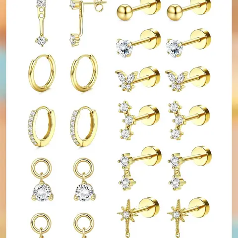 LOLIAS Hypoallergenic Flat Back Earrings Jewelry - Gold, Silver Surgical Stainless Steel Jewelry Sets for Women's Sensitive Ears, Ideal for Helix, Tragus, Conch, Trendy Gift