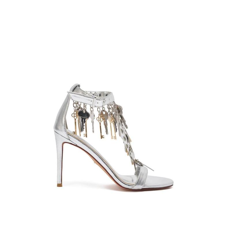 AKIRA GOLD ANNIKI SILVER KEY EMBELLISHED NOVELTY STILETTO SANDAL