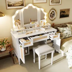 48" Vanity Desk with Mirror and Lights, Makeup Vanity with 7 Drawers and Cushioned Stool, Classic Beige Finish Dressing Table with Hollow Design Drawer for Bedroom, Rubber Wood Legs, Light Beige