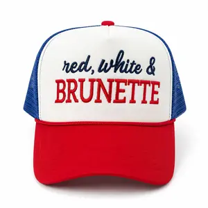 Red White & Brunette Trucker Hat Vintage Americana Patriotic Mesh Cap for Country Concert Summer Outfit