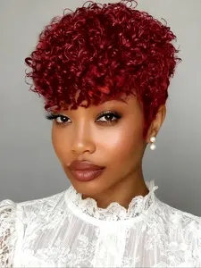 Natural Black Color Wave Pixie Wig With Curls Wig 150% Pixe Cut Human Hair Wig Full Machine Made For Women Wavy Wigs
