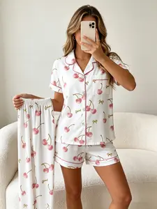Women's 3 Piece Balletcore Pajama Set, Short Sleeve Button Down Top, Shorts & Pants, All Season, White Base Pink Cherry & Gold Bow Print, Great For Girlfriends Gatherings